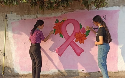 Three wall murals in Qamishli for raising awareness about 'Early Detection of Breast Cancer'.