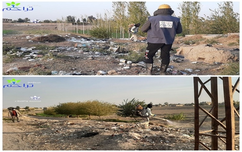 رش مبيد حشري ضمن مكبات النفايات العشوائية ضمن الاحياء السكنية ودورات مياه المدارس